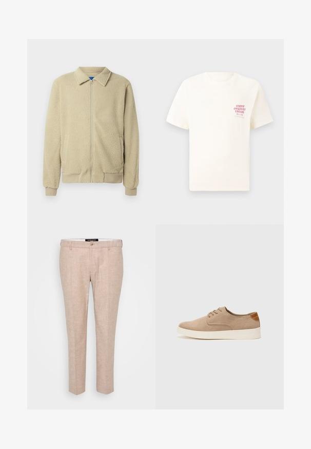 Beige fleecejakke med lynlås foran, stående krave, to sidelommer, ribstrikkede manchetter og kant. Teksturen ser blød og hyggelig ud.; Hvid kortermet T-shirt med rød tekst "Studio Originals Edition" på venstre bryst, vist på en neutral grå baggrund.; Lys beige bukser lavet af en blanding af linned, med flad front, bæltestropper og en enkelt knaplukning. Skræddersyet lige ben-design.; Beige ruskinds sneakers med rund tå, snørebånd foran og en struktureret rygdetalje. Hvid gummisål giver kontrast. Enkel og moderne design.