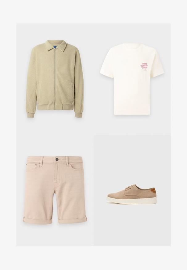 Beige fleecejakke med glidelås foran, ståkrage, to sidelommer, ribbekanter på ermer og nederst. Teksturen virker myk og koselig.; Hvit T-skjorte med korte ermer og rød tekst "Studio Originals Edition" på venstre bryst, vist på en nøytral grå bakgrunn.; Beige denimshorts med rett snitt, med oppbrettede ermer, to frontlommer og en liten baklomme. Laget av robust stoff.; Beige semskinnsko med rund tå, snøring foran og en teksturert bakre aksent. Hvit gummisåle gir kontrast. Enkelt og moderne design.