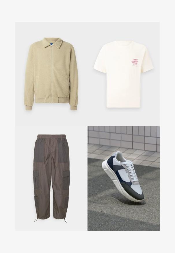 Beige Fleecejacke mit durchgehendem Reißverschluss, Stehkragen, zwei Seitentaschen, gerippten Bündchen und Saum. Die Textur wirkt weich und gemütlich.; Weißes T-Shirt mit kurzen Ärmeln und rotem Text "Studio Originals Edition" auf der linken Brust, präsentiert vor einem neutralen grauen Hintergrund.; Pier One Cargohose - dark grey; Weißer, marineblauer und grauer Sneaker mit einem Materialmix-Design, das ein strukturiertes Obermaterial, flache Schnürsenkel und eine gepolsterte Sohle aufweist.