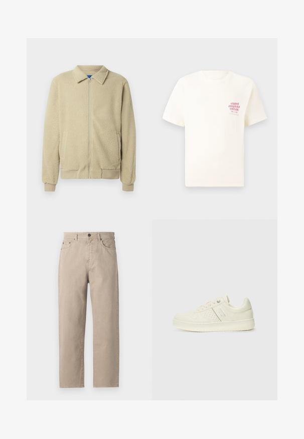 Veste en polaire beige avec fermeture éclair frontale, col montant, deux poches latérales, poignets et ourlet côtelés. La texture semble douce et confortable.; T-shirt blanc à manches courtes avec le texte rouge "Édition Originals du Studio" sur la poitrine gauche, présenté sur un fond gris neutre.; Pantalons en coton beige avec une coupe droite, dotés d'une fermeture par bouton, de cinq poches et de détails de couture discrets. Texture lisse.; Sneaker couleur crème avec des détails perforés, des lacets et un logo sur le côté, présenté sur un fond blanc uni.