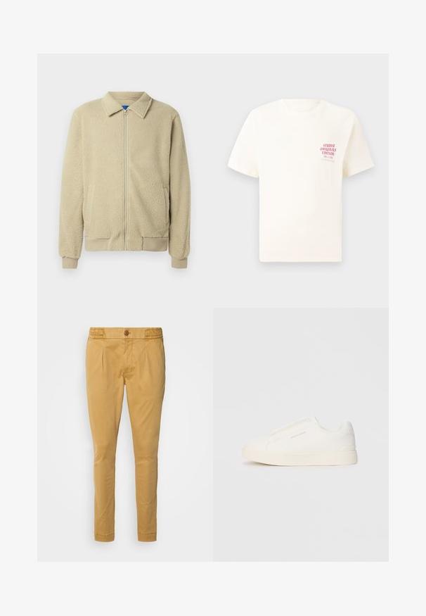 Giacca in pile beige con zip frontale, collo alto, due tasche laterali, polsini e orlo a costine. La texture appare morbida e accogliente.; T-shirt bianco a maniche corte con testo rosso "Studio Originals Edition" sul lato sinistro del petto, esposto su uno sfondo grigio neutro.; Pantaloni in cotone color sabbia con chiusura a bottoni, texture liscia, gamba affusolata e pince frontali. Progettati per una silhouette aderente.; Sneakers bianchi slip-on con superficie texturizzata, suola spessa e design minimalista. Presentano il logo del marchio sul lato.