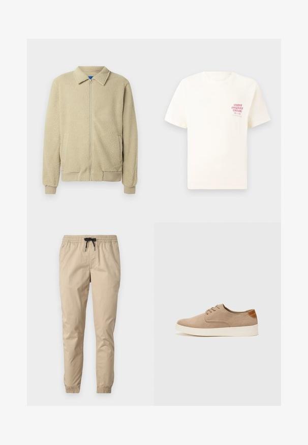 Bež flis jakna z zadrgo spredaj, stoječim ovratnikom, dvema stranskima žepoma, rebrastimi manšetami in robom. Tekstura je videti mehka in udobna.; Bela majica s kratkimi rokavi z rdečim napisom "Studio Originals Edition" na levi strani prsnega koša, prikazana na nevtralnem sivo backgroundu.; Beige lahki hlače z elastičnim pasom in vrvico, s koničastimi nogavicami z elastičnimi manšetami. Gladek, teksturiran material.; Bež tkanine usnjene superge z zaobljenim nosom, vezalkami na sprednji strani in teksturiranim zadnjim detajlom. Belo gumijasto podplato zagotavlja kontrast. Enostaven in sodoben dizajn.