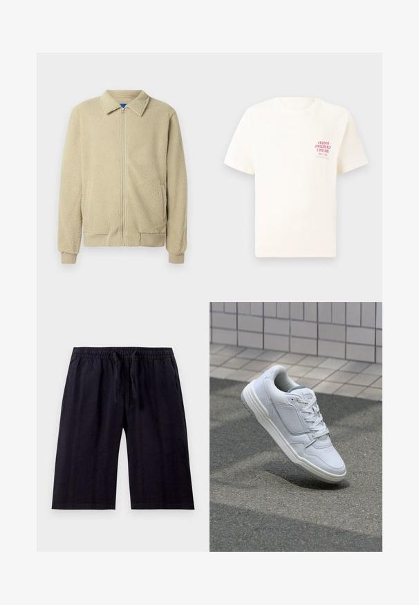 Beige Fleecejacke mit durchgehendem Reißverschluss, Stehkragen, zwei Seitentaschen, gerippten Bündchen und Saum. Die Textur wirkt weich und gemütlich.; Weißes T-Shirt mit kurzen Ärmeln und rotem Text "Studio Originals Edition" auf der linken Brust, präsentiert vor einem neutralen grauen Hintergrund.; Schwarze, knielange Shorts aus leichtem Stoff. Mit einem elastischen Bund und Kordelzug sowie einer glatten Oberfläche. Einfaches Design.; Weiße Ledersneaker mit perforierten Seiten, strukturierten Akzenten, flachen Schnürsenkeln und einer kontrastierenden grauen Ferse. Verfügt über eine leicht erhöhte Sohle.
