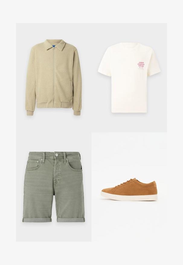 Beige Fleecejacke mit durchgehendem Reißverschluss, Stehkragen, zwei Seitentaschen, gerippten Bündchen und Saum. Die Textur wirkt weich und gemütlich.; Weißes T-Shirt mit kurzen Ärmeln und rotem Text "Studio Originals Edition" auf der linken Brust, präsentiert vor einem neutralen grauen Hintergrund.; Grüne Jeansshorts mit umgeschlagenem Saum, vorderen Taschen, Knopfverschluss und einem leichten Verblassen für einen lässigen Look.; Braune Wildleder-Sneaker mit einem Low-Top-Design, weißer Gummisohle und runder Zehenpartie. Verfügt über passende Schnürsenkel und eine minimalistische Markenbezeichnung an der Ferse.