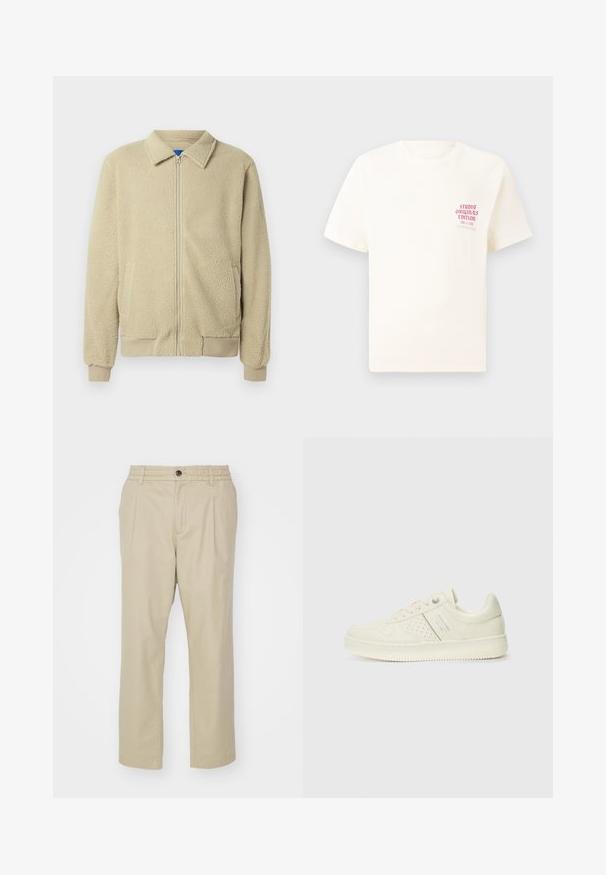 Beige fleecejakke med lynlås foran, stående krave, to sidelommer, ribstrikkede manchetter og kant. Teksturen ser blød og hyggelig ud.; Hvid kortermet T-shirt med rød tekst "Studio Originals Edition" på venstre bryst, vist på en neutral grå baggrund.; Jack & Jones JPSTKARL JJLAWRENCE SOUTH - Bukser - crockery; Cremefarvet sneaker med perforeret detaljering, snørebånd og logo på siden, præsenteret mod en simpel hvid baggrund.