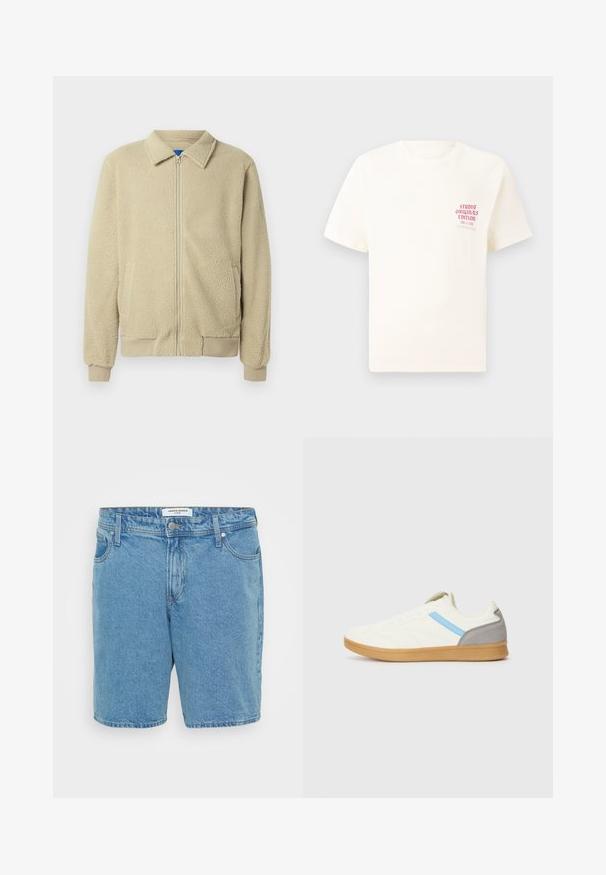 Smėlio spalvos flisinė striukė su priekiu užtrauktuku, stovinčiu apykakle, dviem šoninėmis kišenėmis, ribinėmis rankogaliais ir apatine briauna. Tekstūra atrodo minkšta ir jauki.; Balta trumpa rankovėmis marškinėliai su raudonu užrašu "Studio Originals Edition" kairiajame krūtinės šone, rodomi neutralioje pilkoje aplinkoje.; Šviesiai mėlyni džinsiniai šortai su klasikiniu fasonu. Yra penki kišenės, sagų uždarymas ir subtilus nudilęs tekstūra. Pagaminti iš medvilnės.; Batai su kremine viršutine dalimi, mėlyna juostele šonuose ir pilku kulno akcentu. Yra tekstūruotas dizainas ir guminis padas.