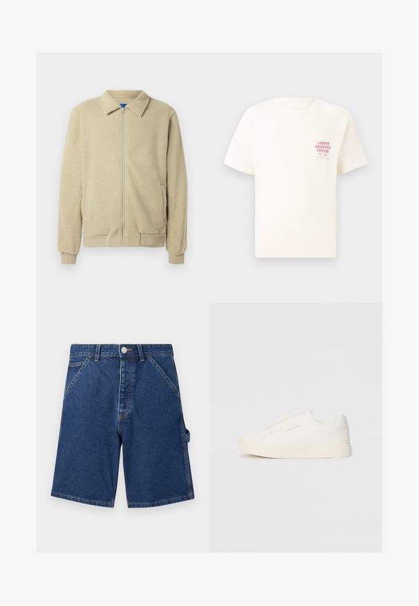 Bež flis jakna z zadrgo spredaj, stoječim ovratnikom, dvema stranskima žepoma, rebrastimi manšetami in robom. Tekstura je videti mehka in udobna.; Bela majica s kratkimi rokavi z rdečim napisom "Studio Originals Edition" na levi strani prsnega koša, prikazana na nevtralnem sivo backgroundu.; Denim kratke hlače v temno modri barvi, s klasičnim pet-pocket dizajnom, kovinskim gumbom za zapiranje in vidnimi šivi ob robovih.; Bele zapete brez vezalk z teksturirano površino, debelim podplatom in minimalističnim dizajnom. Na strani se nahaja logotip blagovne znamke.
