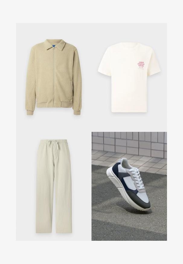Giacca in pile beige con zip frontale, collo alto, due tasche laterali, polsini e orlo a costine. La texture appare morbida e accogliente.; T-shirt bianco a maniche corte con testo rosso "Studio Originals Edition" sul lato sinistro del petto, esposto su uno sfondo grigio neutro.; Pantaloni larghi di un grigio chiaro, realizzati in tessuto morbido e testurizzato. Caratterizzati da una vita elastica con coulisse e tasche laterali.; Sneaker bianca, blu navy e grigia con un design a materiali misti, caratterizzata da una tomaia testurizzata, lacci piatti e una suola imbottita.