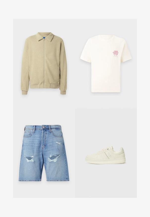 Béžová flísová bunda so zipsom vpredu, stojačikom, dvoma bočnými vreckami, rebrovanými manžetami a lemom. Textúra je mäkká a príjemná na dotyk.; Biele tričko s krátkym rukávom s červeným textom "Studio Originals Edition" na ľavej hrudi, zobrazené na neutrálnom šedom pozadí.; Svetlomodré džínsové šortky s voľným strihom, ktoré majú dve väčšie poškodené miesta a jemné vrásky na látke.; Krémová teniska s perforovanými detailmi, šnúrkami a logom na boku, vystavená na jednoduchej bielej pozadí.