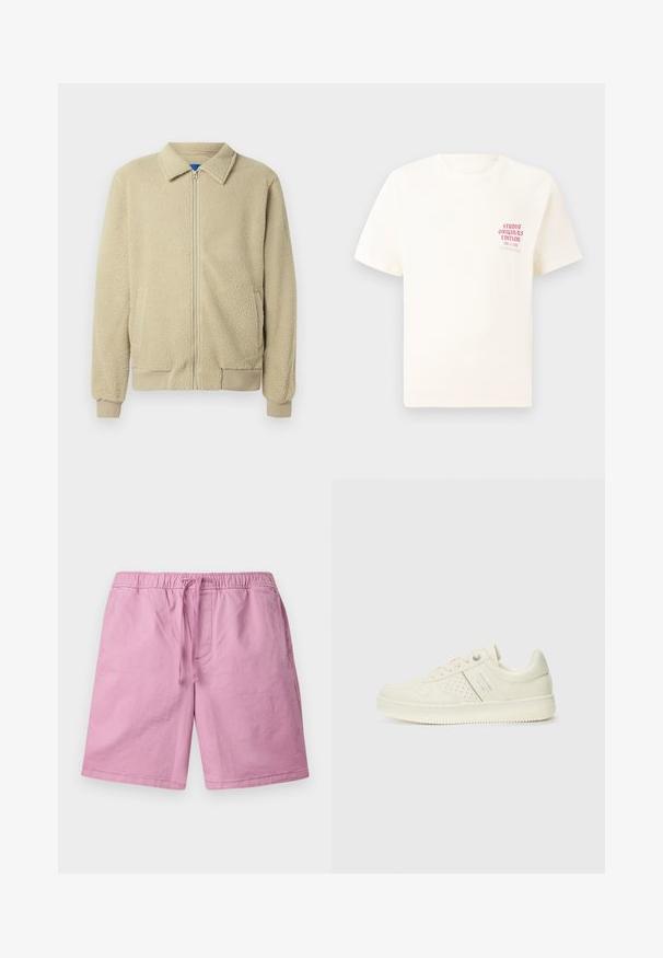 Chaqueta de forro polar beige con cremallera frontal, cuello alto, dos bolsillos laterales, puños y dobladillo acanalados. La textura parece suave y acogedora.; Camiseta blanca de manga corta con el texto rojo "Edición de Studio Originals" en el lado izquierdo del pecho, exhibida sobre un fondo gris neutro.; Pantalones cortos de color rosa claro, elaborados con un material suave, que cuentan con una cintura elástica con cordón y bolsillos laterales. Piernas de corte recto, sin patrones.; Zapatilla color crema con detalles perforados, cordones y logotipo en el lateral, exhibida sobre un fondo blanco liso.