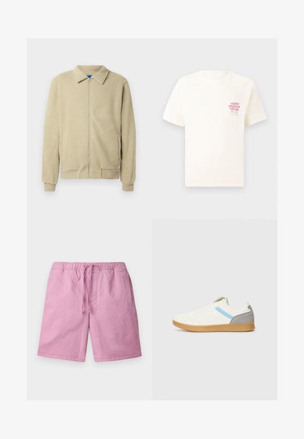 Veste en polaire beige avec fermeture éclair frontale, col montant, deux poches latérales, poignets et ourlet côtelés. La texture semble douce et confortable.; T-shirt blanc à manches courtes avec le texte rouge "Édition Originals du Studio" sur la poitrine gauche, présenté sur un fond gris neutre.; Shorts rose clair en matériau doux, avec une taille élastique et un cordon de serrage, ainsi que des poches latérales. Jambes droites, sans motifs.; Baskets avec une tige crème, une rayure latérale bleue et un accent de talon gris. Présente un design texturé et une semelle en caoutchouc naturel.