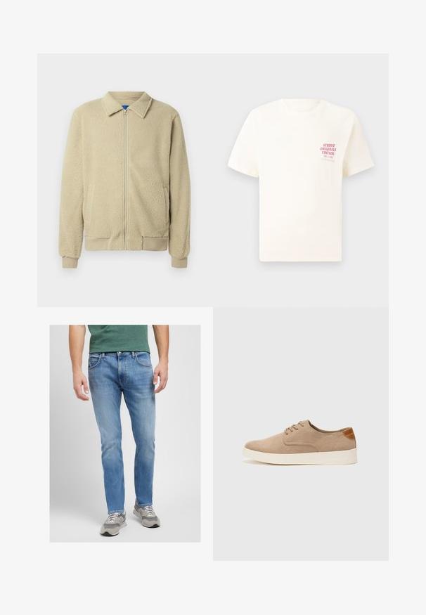 Μπεζ φλις μπουφάν με φερμουάρ μπροστά, όρθιο γιακά, δύο πλαϊνές τσέπες, ριμπ μανσέτες και τελείωμα. Η υφή φαίνεται απαλή και ζεστή.; Άσπρη κοντομάνικη μπλούζα με κόκκινο κείμενο "Studio Originals Edition" στο αριστερό στήθος, παρουσιασμένη σε ουδέτερο γκρι φόντο.; Ανοιχτό μπλε τζιν παντελόνι με ίσια γραμμή, που διαθέτει πέντε τσέπες, κεντημένα ραφές, και φθαρμένο φινίρισμα. Συνδυασμένο με γκρι αθλητικά παπούτσια.; Μπεζ σουέντ αθλητικά παπούτσια με στρογγυλή μύτη, κορδόνια και υφή στην πίσω πλευρά. Λευκή καουτσούκ σόλα προσφέρει αντίθεση. Απλός και μοντέρνος σχεδιασμός.