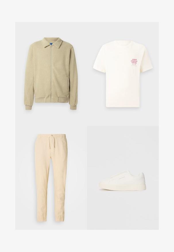 Beige fleecejakke med glidelås foran, ståkrage, to sidelommer, ribbekanter på ermer og nederst. Teksturen virker myk og koselig.; Hvit T-skjorte med korte ermer og rød tekst "Studio Originals Edition" på venstre bryst, vist på en nøytral grå bakgrunn.; Lys beige linbukser med snøring i livet, innsnørte ben og elastiske mansjetter. Enkelt design med en subtil tekstur.; Hvite slip-on joggesko med teksturert overflate, tykk såle og minimalistisk design. Har merkevarelogo på siden.