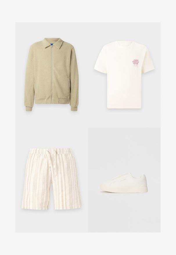 Beige fleecejakke med glidelås foran, ståkrage, to sidelommer, ribbekanter på ermer og nederst. Teksturen virker myk og koselig.; Hvit T-skjorte med korte ermer og rød tekst "Studio Originals Edition" på venstre bryst, vist på en nøytral grå bakgrunn.; Lys beige shorts med vertikale striper i varierende nyanser. Har elastisk midje og snor for justering. Myk, teksturert stoff.; Hvite slip-on joggesko med teksturert overflate, tykk såle og minimalistisk design. Har merkevarelogo på siden.