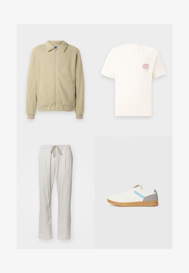 Smėlio spalvos flisinė striukė su priekiu užtrauktuku, stovinčiu apykakle, dviem šoninėmis kišenėmis, ribinėmis rankogaliais ir apatine briauna. Tekstūra atrodo minkšta ir jauki.; Balta trumpa rankovėmis marškinėliai su raudonu užrašu "Studio Originals Edition" kairiajame krūtinės šone, rodomi neutralioje pilkoje aplinkoje.; Šviesiai smėliniai, lengvi kelnių modeliai su elastinga juosta ir raišteliu. Turi dvi šonines kišenes ir tiesią kojos liniją.; Batai su kremine viršutine dalimi, mėlyna juostele šonuose ir pilku kulno akcentu. Yra tekstūruotas dizainas ir guminis padas.