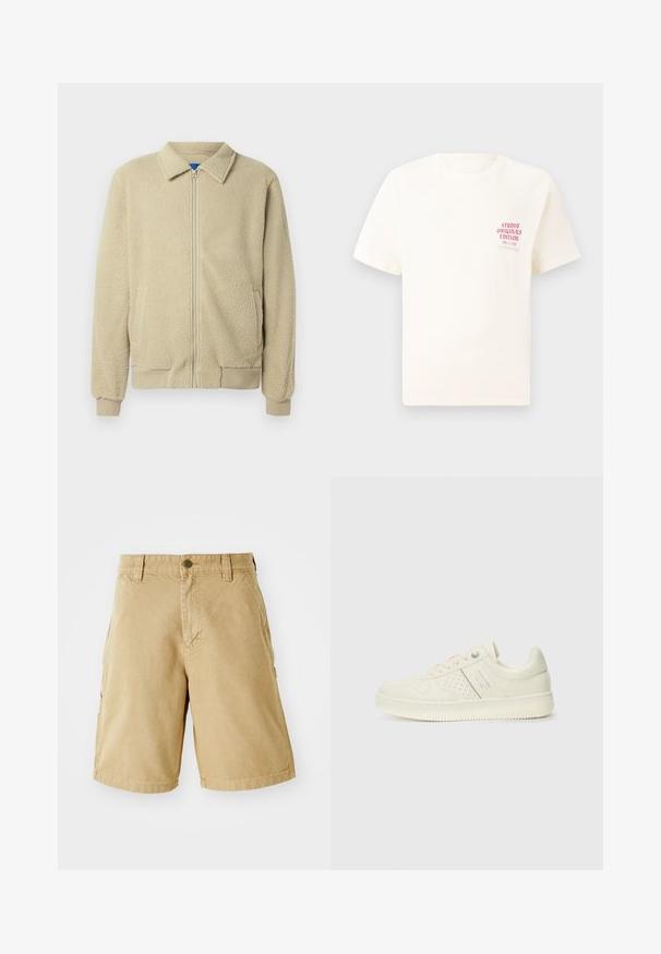 Veste en polaire beige avec fermeture éclair frontale, col montant, deux poches latérales, poignets et ourlet côtelés. La texture semble douce et confortable.; T-shirt blanc à manches courtes avec le texte rouge "Édition Originals du Studio" sur la poitrine gauche, présenté sur un fond gris neutre.; Shorts cargo en coton beiges avec poches frontales et latérales, passants de ceinture et fermeture à bouton métallique. Coupe droite et design à hauteur des genoux.; Sneaker couleur crème avec des détails perforés, des lacets et un logo sur le côté, présenté sur un fond blanc uni.