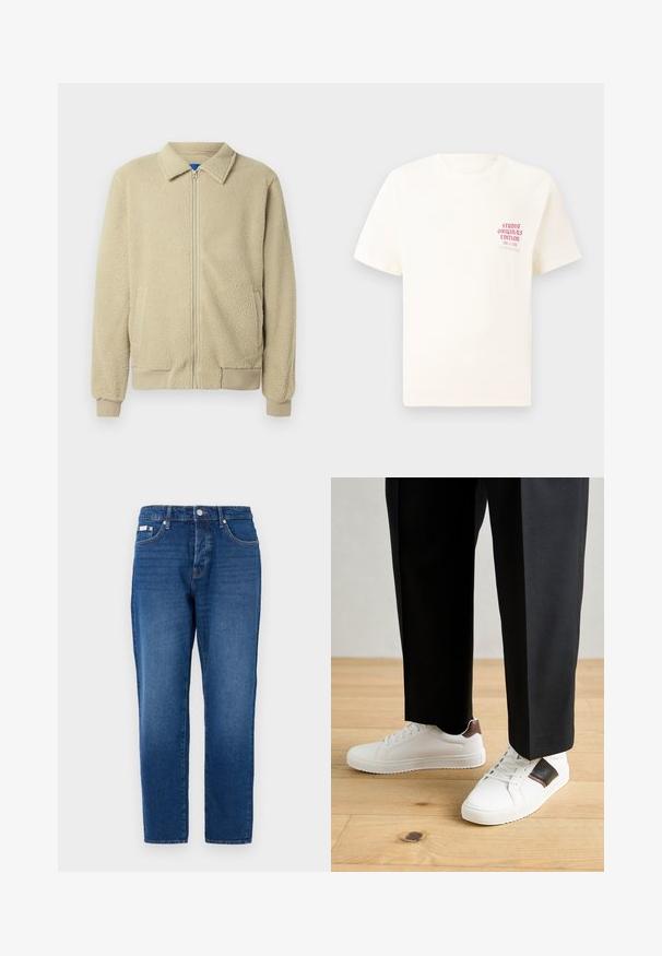 Beige fleecejakku, jossa on vetoketju edessä, pystykaulus, kaksi sivutaskua, resorit hihansuissa ja helmassa. Materiaali näyttää pehmeältä ja mukavalta.; Valkoinen lyhythihainen t-paita, jossa on punainen teksti "Studio Originals Edition" vasemmalla rinnalla, esitetty neutraalilla harmaalla taustalla.; Sininen farkkukangas, suoralinjainen leikkaus, jossa on viisi taskua, vyölenkit ja metalliset yksityiskohdat. Tasainen pinta ja klassinen muotoilu.; Valkoiset tennarit, joissa on sileä pinta, ruskealla nahka-akentilla ja mustilla yksityiskohdilla, yhdistetty mustiin räätälöityihin housuihin. Taustalla puulattia.