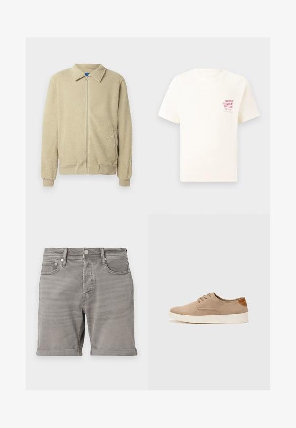 Beige fleecejacka med dragkedja framtill, ståkrage, två sidofickor, ribbade muddar och fåll. Texturen ser mjuk och mysig ut.; Vit kortärmad T-shirt med röd text "Studio Originals Edition" på vänster bröst, är uppställd på en neutral grå bakgrund.; Grå denimshorts med en klassisk femficksdesign, upplagda fållar och metallknappsstängning. Slät textur med subtil blekning.; Beige mockasinsneakers med rund tå, snörning fram och texturerad bakaxel. Vit gummisula ger kontrast. Enkelt och modernt design.