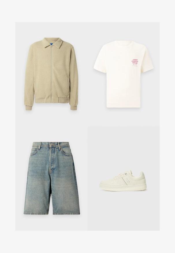 Beige fleecejakku, jossa on vetoketju edessä, pystykaulus, kaksi sivutaskua, resorit hihansuissa ja helmassa. Materiaali näyttää pehmeältä ja mukavalta.; Valkoinen lyhythihainen t-paita, jossa on punainen teksti "Studio Originals Edition" vasemmalla rinnalla, esitetty neutraalilla harmaalla taustalla.; Vaaleansiniset farkkushortsit, joissa on rento istuvuus, viisi taskua, edessä nappisuljenta ja epätasainen helma.; Valkokoska sneaker, jossa on rei'itettyjä yksityiskohtia, nauhat ja logo sivussa, esillä tasaisella valkoisella taustalla.