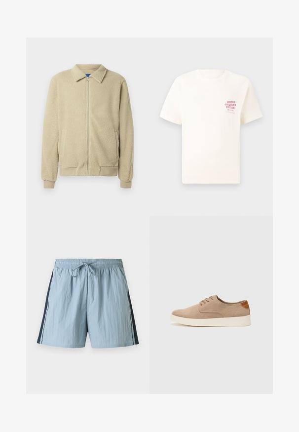 Veste en polaire beige avec fermeture éclair frontale, col montant, deux poches latérales, poignets et ourlet côtelés. La texture semble douce et confortable.; T-shirt blanc à manches courtes avec le texte rouge "Édition Originals du Studio" sur la poitrine gauche, présenté sur un fond gris neutre.; Shorts de bain bleu clair avec taille élastique et cordon de serrage. Présente des panneaux latéraux navy et une bordure blanche le long des côtés. Tissu léger.; Baskets en daim beige avec un embout arrondi, un laçage sur le devant et un accent texturé à l'arrière. La semelle en caoutchouc blanche offre un contraste. Design simple et moderne.