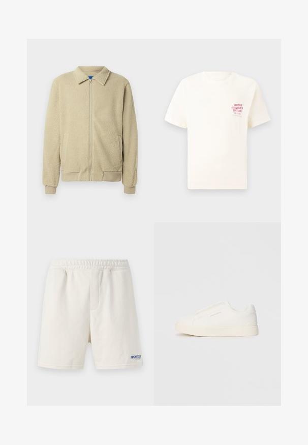 Veste en polaire beige avec fermeture éclair frontale, col montant, deux poches latérales, poignets et ourlet côtelés. La texture semble douce et confortable.; T-shirt blanc à manches courtes avec le texte rouge "Édition Originals du Studio" sur la poitrine gauche, présenté sur un fond gris neutre.; Shorts de couleur crème en mélange de coton doux, dotés d'une taille élastique et d'un logo bleu en bas à gauche.; Baskets blanches sans lacets avec une surface texturée, une semelle épaisse et un design minimaliste. Présente le logo de la marque sur le côté.