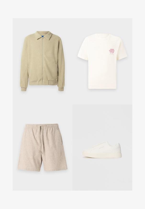 Jachetă bej din fleece cu fermoar în față, guler tip tunică, două buzunare laterale, manșete și tiv striate. Textura pare moale și confortabilă.; Tricou alb cu mânecă scurtă, având text roșu "Studio Originals Edition" pe partea stângă a pieptului, expus pe un fundal gri neutru.; Șorturi bej din in cu un bandou elastic, șnur, buzunare laterale și un material texturat. Design casual, tăiere până la genunchi.; Tenisi albi slip-on cu o suprafață texturată, talpă groasă și un design minimalist. Prezintă logo-ul brandului pe lateral.