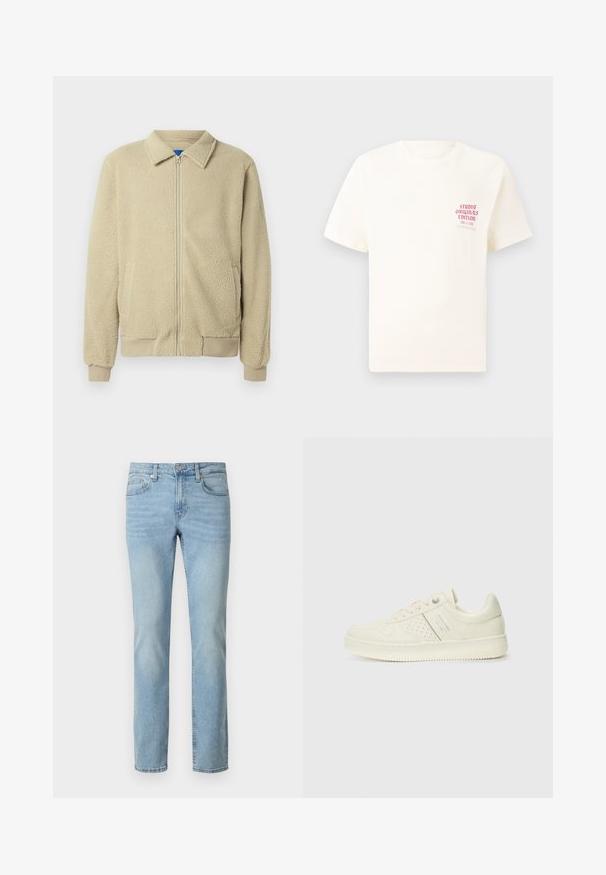 Bež flis jakna z zadrgo spredaj, stoječim ovratnikom, dvema stranskima žepoma, rebrastimi manšetami in robom. Tekstura je videti mehka in udobna.; Bela majica s kratkimi rokavi z rdečim napisom "Studio Originals Edition" na levi strani prsnega koša, prikazana na nevtralnem sivo backgroundu.; Svijetloplave traperice ravnog kroja s klasičnim dizajnom s pet džepova, izgledom za pojas i zip-zatvaranjem.; Sneaker v kremni barvi s perforiranim detajlom, vezalkami in logotipom na strani, prikazan na enostavni beli ozadju.