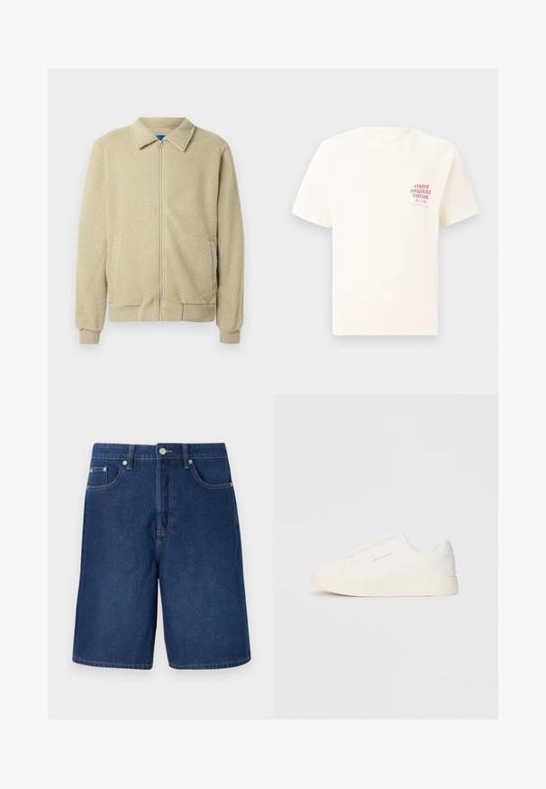 Veste en polaire beige avec fermeture éclair frontale, col montant, deux poches latérales, poignets et ourlet côtelés. La texture semble douce et confortable.; T-shirt blanc à manches courtes avec le texte rouge "Édition Originals du Studio" sur la poitrine gauche, présenté sur un fond gris neutre.; Shorts en denim de couleur bleu foncé avec une coupe classique, comprenant un design à cinq poches et des détails de couture contrastés.; Baskets blanches sans lacets avec une surface texturée, une semelle épaisse et un design minimaliste. Présente le logo de la marque sur le côté.