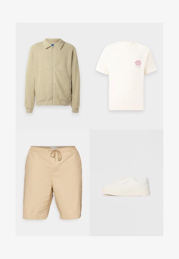 Giacca in pile beige con zip frontale, collo alto, due tasche laterali, polsini e orlo a costine. La texture appare morbida e accogliente.; T-shirt bianco a maniche corte con testo rosso "Studio Originals Edition" sul lato sinistro del petto, esposto su uno sfondo grigio neutro.; Pantaloni shorts color beige chiaro realizzati in un tessuto dalla trama liscia, con una cintura elastica e un laccetto, e tasche laterali.; Sneakers bianchi slip-on con superficie texturizzata, suola spessa e design minimalista. Presentano il logo del marchio sul lato.