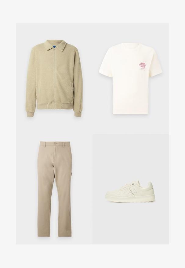 Bež flis jakna sa patentnim zatvaračem sprijeda, uspravnim ovratnikom, dva bočna džepa, rebrastim manšetama i rubom. Tekstura izgleda mekano i udobno.; Bijela kratka majica s kratkim rukavima s crvenim natpisom "Studio Originals Edition" na lijevoj strani grudi, prikazana na neutralnoj sivoj pozadini.; Bež pamuk hlače ravnog kroja, sa prednjim zatvaranjem na gumb i suptilnim detaljima šivanja. Glatka tekstura, bez uzoraka.; Kremasto bijele tenisice s perforiranim detaljima, vezicama i logotipom s bočne strane, prikazane na jednostavnoj bijeloj pozadini.