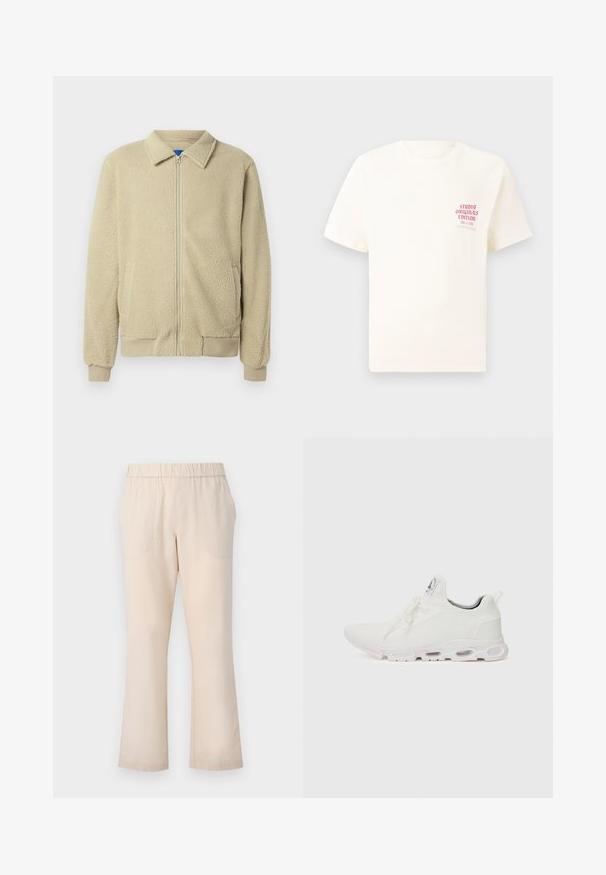 Beżowa kurtka z polaru z zamkiem błyskawicznym z przodu, stójką, dwoma bocznymi kieszeniami, ściągaczami na mankietach i u dołu. Tekstura wydaje się miękka i przytulna.; Biała koszulka z krótkim rękawem z czerwonym napisem "Studio Originals Edition" po lewej stronie klatki piersiowej, wyeksponowana na neutralnym szarym tle.; Beżowe spodnie typu dzwony z elastycznym pasem, dwoma przednimi kieszeniami i gładką bawełnianą teksturą. Brak widocznych wzorów i elementów metalowych.; Białe buty sportowe z teksturowaną cholewką z dzianiny, płaskimi sznurowadłami oraz wyściełaną podeszwą z widocznymi komorami powietrznymi dla dodatkowego wsparcia.