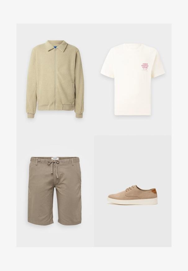 Béžová flísová bunda so zipsom vpredu, stojačikom, dvoma bočnými vreckami, rebrovanými manžetami a lemom. Textúra je mäkká a príjemná na dotyk.; Biele tričko s krátkym rukávom s červeným textom "Studio Originals Edition" na ľavej hrudi, zobrazené na neutrálnom šedom pozadí.; Béžové bavlnené šortky so sťahovacím pásom, bočnými vreckami a rovný strih. Hladká textúra a minimalistický dizajn.; Béžové semišové tenisky s okrúhlou špičkou, šnurovaním vpredu a textúrovaným zadným akcentom. Biela gumová podrážka poskytuje kontrast. Jednoduchý a moderný dizajn.