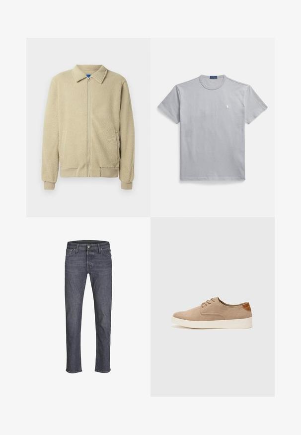 Beige fleecejack met een ritssluiting aan de voorkant, opstaande kraag, twee zijzakken, geribbelde manchetten en zoom. De textuur oogt zacht en gezellig.; Grijs katoenen T-shirt met een ronde hals, korte mouwen en een klein wit logo op de linkerborst. Gladde textuur en een ontspannen pasvorm.; Donkerdenim jeans met een rechte pijp ontwerp, voorzien van een klassieke vijf-pocket stijl, riemlussen en subtiele slijtplekken.; Beige suède sneakers met een ronde neus, vetersluiting aan de voorkant en een getextureerde achteraccent. De witte rubberen zool zorgt voor contrast. Eenvoudig en modern ontwerp.