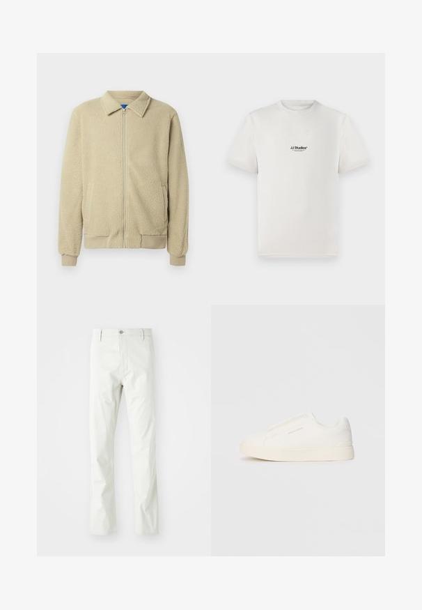Casaco de pelo bege com fecho de correr frontal, gola alta, dois bolsos laterais, punhos e barra canelados. A textura parece macia e confortável.; T-shirt de algodão branca com mangas curtas, apresentando um logótipo preto "JJ Studios" no peito. Design de gola redonda e ajuste padrão.; Calças de algodão cinza claro com um design de perna reta, apresentando fecho com botão, bolsos frontais e uma textura subtil.; Sapatilhas brancas de atacar com uma superfície texturizada, sola grossa e design minimalista. Possui o logo da marca na lateral.