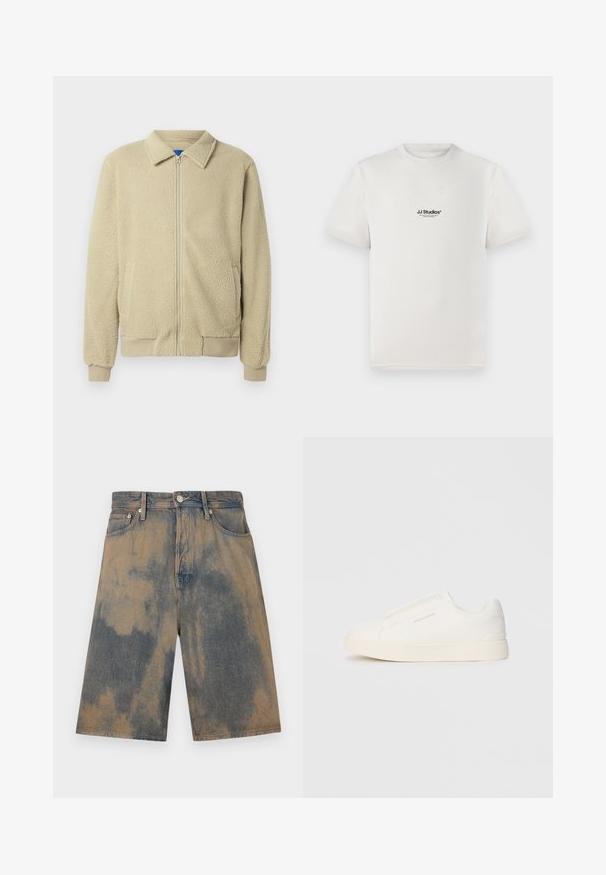 Beige fleecejakke med glidelås foran, ståkrage, to sidelommer, ribbekanter på ermer og nederst. Teksturen virker myk og koselig.; Hvit bomulls-t-skjorte med korte ermer, med en svart "JJ Studios" logo på brystet. Rund hals og standard passform.; Jeanshorts med en falmet blå og beige tie-dye-effekt, med et klassisk fem-lomme design og metalhardware detaljer.; Hvite slip-on joggesko med teksturert overflate, tykk såle og minimalistisk design. Har merkevarelogo på siden.