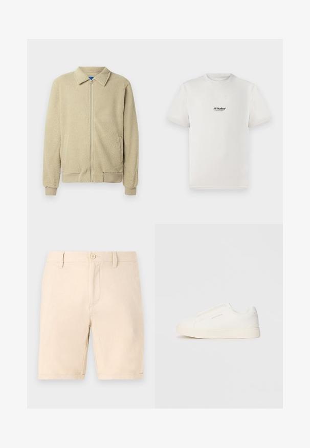 Beige Fleecejacke mit durchgehendem Reißverschluss, Stehkragen, zwei Seitentaschen, gerippten Bündchen und Saum. Die Textur wirkt weich und gemütlich.; Weißes Baumwoll-T-Shirt mit kurzen Ärmeln, das ein schwarzes "JJ Studios"-Logo auf der Brust zeigt. Rundhalsausschnitt und Standardpassform.; Beige Baumwollshorts mit flacher Vorderseite, einem einzigen Knopfverschluss und aufgeschlagenen Säumen. Sie verfügen über seitliche Taschen und eine glatte Textur.; Weiße Slip-On-Sneaker mit einer strukturierten Oberfläche, dicker Sohle und minimalistischem Design. Mit Logo der Marke an der Seite.