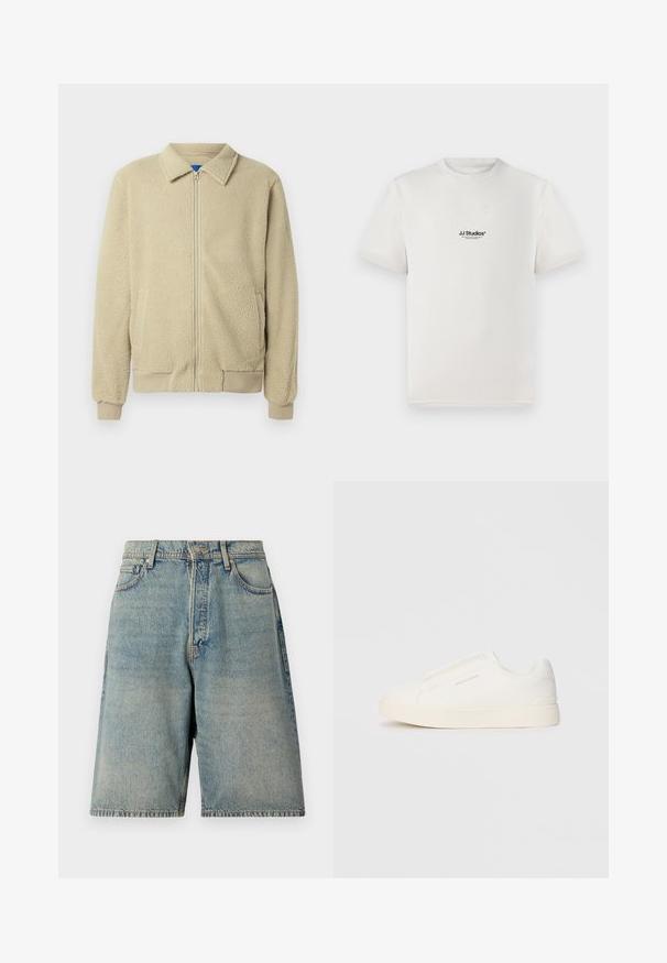Casaco de pelo bege com fecho de correr frontal, gola alta, dois bolsos laterais, punhos e barra canelados. A textura parece macia e confortável.; T-shirt de algodão branca com mangas curtas, apresentando um logótipo preto "JJ Studios" no peito. Design de gola redonda e ajuste padrão.; Shorts de denim azul claro com um ajuste descontraído, possuem cinco bolsos, fecho frontal com botão e uma bainha assimétrica.; Sapatilhas brancas de atacar com uma superfície texturizada, sola grossa e design minimalista. Possui o logo da marca na lateral.