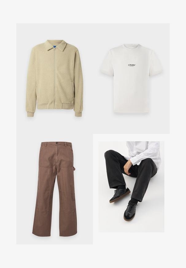 Veste en polaire beige avec fermeture éclair frontale, col montant, deux poches latérales, poignets et ourlet côtelés. La texture semble douce et confortable.; T-shirt en coton blanc à manches courtes, arborant un logo noir "JJ Studios" sur la poitrine. Col rond et coupe standard.; Pantalons cargo en coton marron avec une coupe décontractée, des poches latérales et de grands renforts aux genoux pour plus de durabilité et de style.; Sneakers noirs avec un dessus lisse et texturé, dotés d'une semelle en caoutchouc et de lacets sombres. Associés à un jean noir et une chemise blanche à rayures.