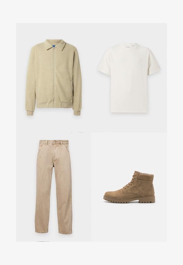 Beige fleecejakke med lynlås foran, stående krave, to sidelommer, ribstrikkede manchetter og kant. Teksturen ser blød og hyggelig ud.; Hvid kortærmet T-shirt i ribbet tekstur. Rund halsudskæring, løs pasform, ingen synlige mønstre eller accenter. Enkel og alsidig design.; Beige denimjeans med lige bendesign, med forlommer, metalknaplukning og subtil struktur.; Tan ruskinds ankelstøvler med rundt tå, polstret krave, seks par snøreringe og en tyk gummisål med skridsikre detaljer.