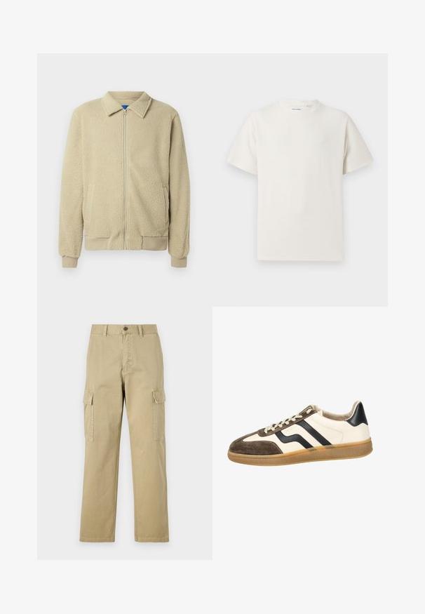 Beige fleece jacket with a zip front, stand collar, two side pockets, ribbed cuffs, and hem. The texture appears soft and cozy.; White short-sleeve T-shirt in a ribbed texture. Round neckline, relaxed fit, no visible patterns or accents. Simple and versatile design.; Beige cargo pants made of cotton, featuring two side pockets, a button closure, and straight legs with a slightly textured fabric.; Sneakers featuring a cream leather upper, brown suede toe, and black striped accents. Textured rubber sole with a gum color. Flat laces.