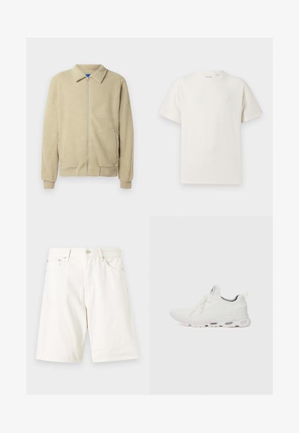Veste en polaire beige avec fermeture éclair frontale, col montant, deux poches latérales, poignets et ourlet côtelés. La texture semble douce et confortable.; T-shirt blanc à manches courtes en texture côtelée. Encolure ronde, coupe décontractée, sans motifs ni accents visibles. Design simple et polyvalent.; Shorts en denim blanc à coupe droite, comportant des passants de ceinture, une fermeture éclair et deux poches avant. Texture lisse et design simple.; Baskets blanches de sport avec un dessus en maille texturée, des lacets plats et une semelle rembourrée avec des chambres à air visibles pour un soutien supplémentaire.
