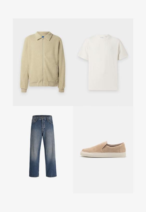 Smėlio spalvos flisinė striukė su priekiu užtrauktuku, stovinčiu apykakle, dviem šoninėmis kišenėmis, ribinėmis rankogaliais ir apatine briauna. Tekstūra atrodo minkšta ir jauki.; Balta trumpa rankovė T-polo marškinėlių su juostelėmis tekstūra. Apvalus iškirpimas, laisvas fasonas, jokių matomų raštų ar akcentų. Paprastas ir universalus dizainas.; Mėlynos džinsinės kelnės su laisvu siluetu, turinčios nudilusį dizainą, penkias kišenes, diržo kilpas ir mygtuką bei užtrauktuką.; Smėlio spalvos slip-on batai, pagaminti iš zomšos, su apvalia nosimi, elastine šonine dalimi ir baltu guminio pado su tekstūruotomis detalėmis.