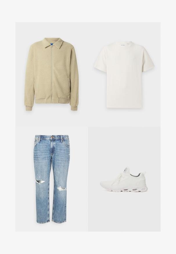 Beežika värvi fliisjope, esikinnitus lukuga, püstkrae, kaks küljetaskut, soonikuga varrukaotsad ja servad. Tekstuur tundub pehme ja hubane.; Valge lühikeste varrukatega T-särk ribakudumises. Ümar kaelus, mugav lõige, nähtavad mustrid ega aksessuaarid puuduvad. Lihtne ja mitmekesine disain.; Hele sinine denim püksid sirge lõikega, millel on põlvedes kulumisjäljed ja õrn pleekimine tekstuuri loomiseks. Klassikaline viie taskuga disain.; Valged sportijalatsid, millel on tekstuuriga kudum peal, lame paelad ja pehmendatud tallad nähtavate õhukambritega täiendava toe jaoks.