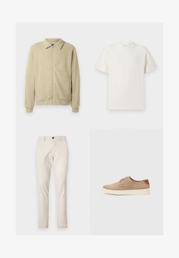 Beige fleece jacket with a zip front, stand collar, two side pockets, ribbed cuffs, and hem. The texture appears soft and cozy.; White short-sleeve T-shirt in a ribbed texture. Round neckline, relaxed fit, no visible patterns or accents. Simple and versatile design.; Beige cotton trousers with a slim fit, front pockets, and a single brown button closure at the waist. Smooth texture.; Beige suede sneakers with a rounded toe, lace-up front, and a textured back accent. White rubber sole provides contrast. Simple and modern design.