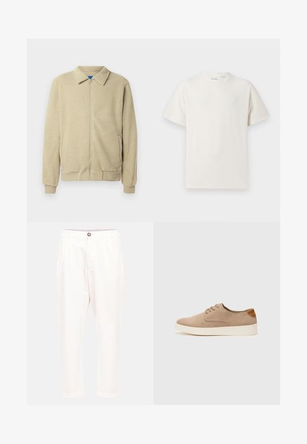 Beige fleece jacket with a zip front, stand collar, two side pockets, ribbed cuffs, and hem. The texture appears soft and cozy.; White short-sleeve T-shirt in a ribbed texture. Round neckline, relaxed fit, no visible patterns or accents. Simple and versatile design.; Light beige trousers with a relaxed fit, featuring two front pleats, a button closure, and rolled cuffs at the ankles. Smooth fabric texture.; Beige suede sneakers with a rounded toe, lace-up front, and a textured back accent. White rubber sole provides contrast. Simple and modern design.