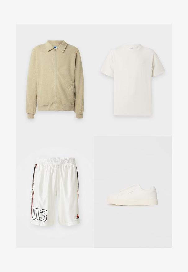 Beige fleecejacka med dragkedja framtill, ståkrage, två sidofickor, ribbade muddar och fåll. Texturen ser mjuk och mysig ut.; Vit t-shirt med kort ärm i ribbad struktur. Rund halsringning, löst sittande passform, inga synliga mönster eller detaljer. Enkelt och mångsidigt design.; Vita sportshorts med elastisk midjeband. Har ett stort svart tryck med "03" och sidpaneler med ett mönstrat design. Adidas-logotypen finns.; Vita slip-on sneakers med en texturerad yta, en tjock sula och minimalistisk design. Har varumärkeslogotypen på sidan.