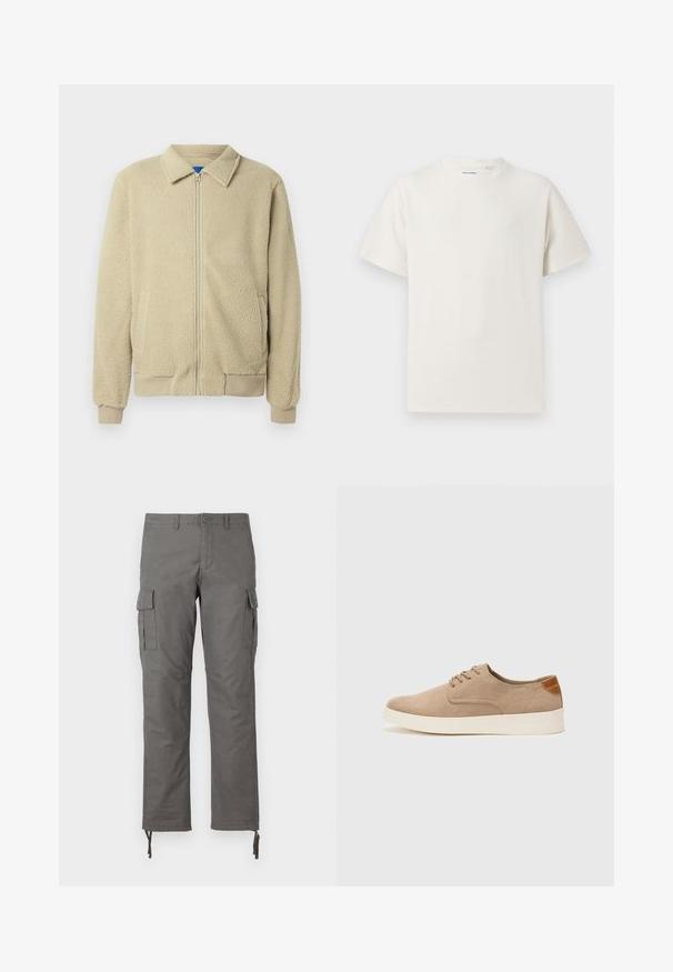 Beige fleece jacket with a zip front, stand collar, two side pockets, ribbed cuffs, and hem. The texture appears soft and cozy.; White short-sleeve T-shirt in a ribbed texture. Round neckline, relaxed fit, no visible patterns or accents. Simple and versatile design.; Gray cargo pants featuring a straight-leg design, multiple side pockets, and adjustable toggle closures at the ankles. Made of durable fabric.; Beige suede sneakers with a rounded toe, lace-up front, and a textured back accent. White rubber sole provides contrast. Simple and modern design.