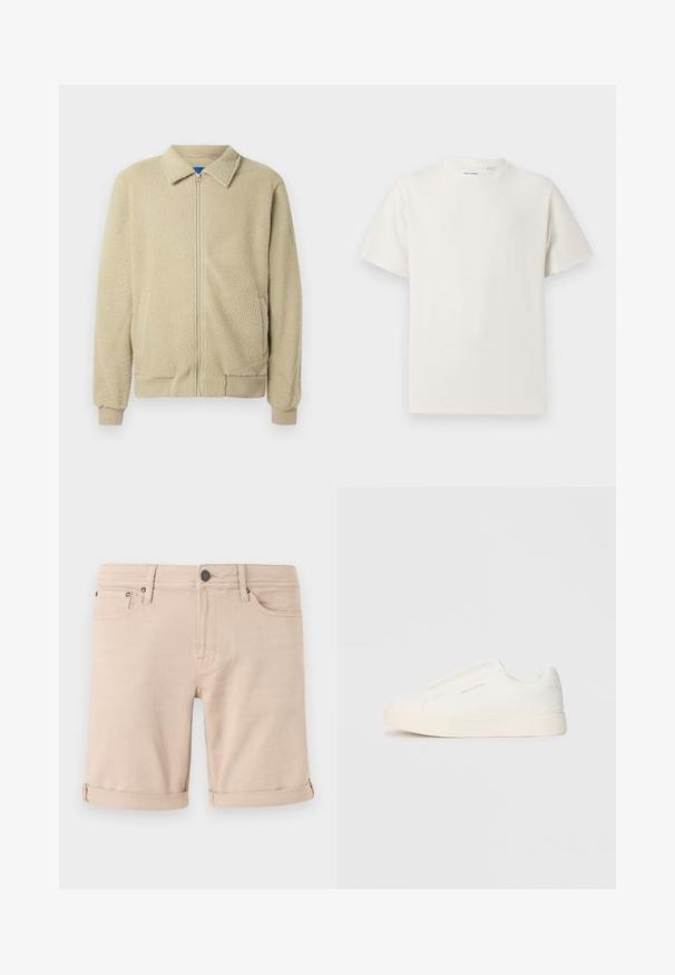 Beige fleece jacket with a zip front, stand collar, two side pockets, ribbed cuffs, and hem. The texture appears soft and cozy.; White short-sleeve T-shirt in a ribbed texture. Round neckline, relaxed fit, no visible patterns or accents. Simple and versatile design.; Beige denim shorts with a straight cut, featuring rolled cuffs, two front pockets, and a small back pocket. Made from sturdy fabric.; White slip-on sneakers with a textured surface, a thick sole, and minimalistic design. Features brand logo on the side.