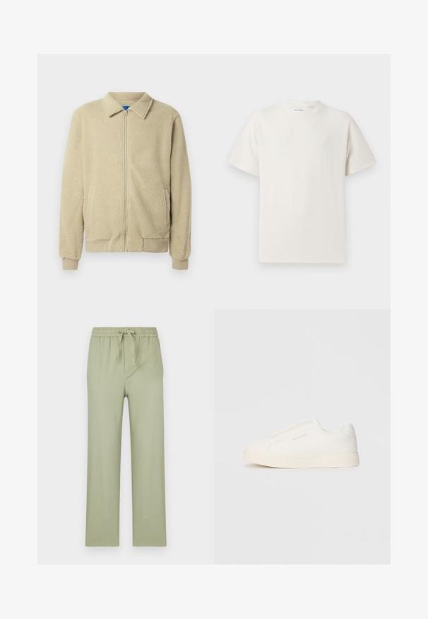 Giacca in pile beige con zip frontale, collo alto, due tasche laterali, polsini e orlo a costine. La texture appare morbida e accogliente.; T-shirt bianca a maniche corte in texture a coste. Girocollo, vestibilità rilassata, senza modelli o accenti visibili. Design semplice e versatile.; Pantaloni in un verde oliva chiaro, realizzati in tessuto morbido. Presentano un cinturino elastico con coulisse e gambe dritte e ampie.; Sneakers bianchi slip-on con superficie texturizzata, suola spessa e design minimalista. Presentano il logo del marchio sul lato.