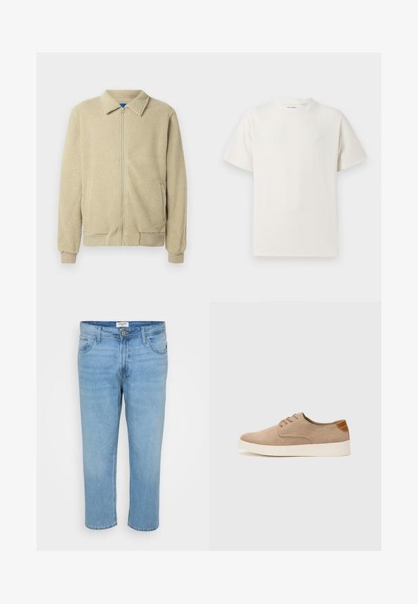 Beige fleecejacka med dragkedja framtill, ståkrage, två sidofickor, ribbade muddar och fåll. Texturen ser mjuk och mysig ut.; Vit t-shirt med kort ärm i ribbad struktur. Rund halsringning, löst sittande passform, inga synliga mönster eller detaljer. Enkelt och mångsidigt design.; Ljusblå denimjeans med avslappnad passform, femficksdesign, knäppning och synliga stygn.; Beige mockasinsneakers med rund tå, snörning fram och texturerad bakaxel. Vit gummisula ger kontrast. Enkelt och modernt design.